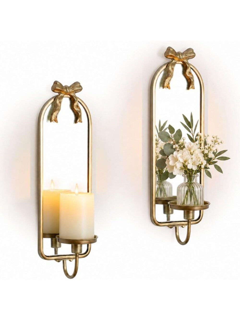 Elegant Gold Mirrored Candle Sconces - Set of 2 with Arch Metal Frame Decor